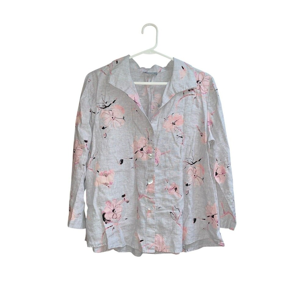 Habitat M Artsy Linen Blend Floral Collared Blouse/Top Lagenlook - Picture 2 of 6